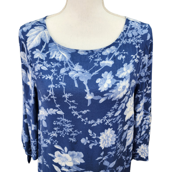 NWT H&M Women’s Dress SZ 6 Blue Floral Viscose 3/4 Sleeve Modest Workwear Church - Picture 4 of 11